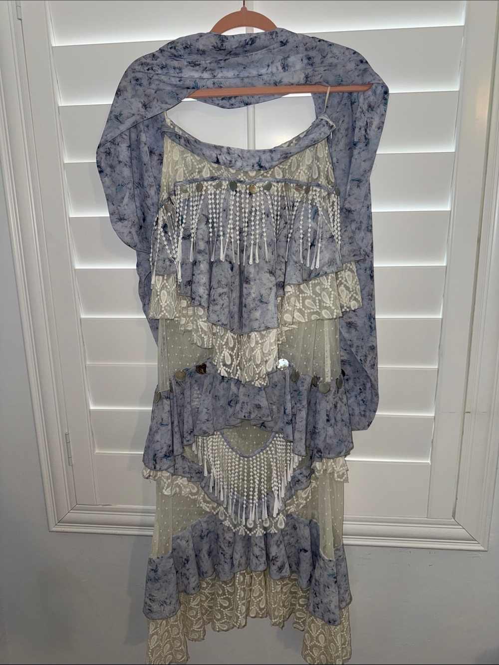 Ixiah Blue and Cream Boho Fringe Maxi Dress